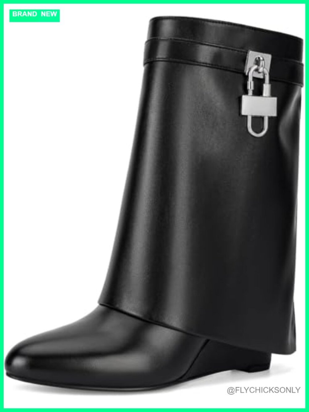 Faux Leather Fold Over Mid Calf Wedge Heel Booties